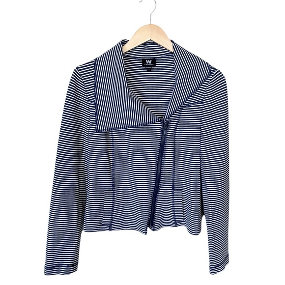WORTH Jersey Moto Jacket Striped Blue White Asymmetrical Zip Collar Pocket 6 EUC - Picture 1 of 9